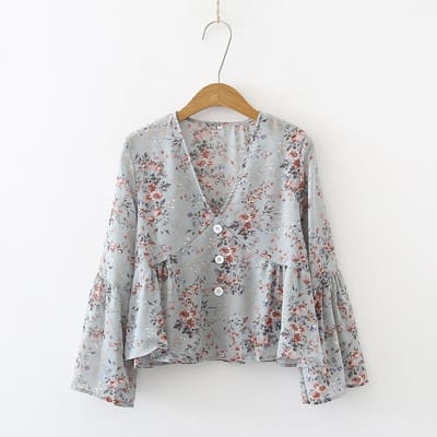 Knooprok Poppentop Retro Bloemen V-hals Uitlopende Mouw Chiffon Blouse voor Dames L groen