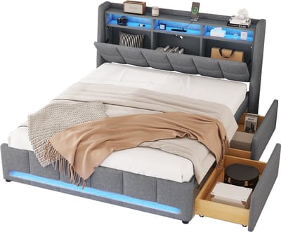 Merax Tweepersoonsbed 140x200 cm met LED Verlichting en USB-oplaadpoort - Gestoffeerd Bed met Lades - Grijs Linnen
