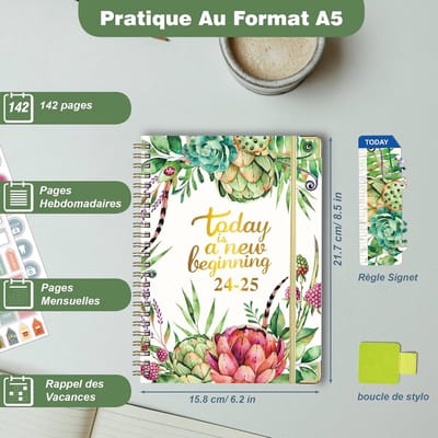 Weekkalender A5 2024-2025 met Spiraalbinding | Schoolagenda Juli 2024 - Juni 2025 | Planner met Penlus en Stickers