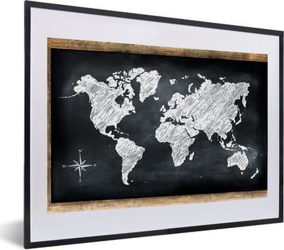 Poster in lijst - Fotolijst 60x40 cm - Posters - Wereldkaart - Schoolbord - Krijt - Posterlijst zwart - Decoratie - Wanddecoratie woonkamer - Muurdecoratie slaapkamer