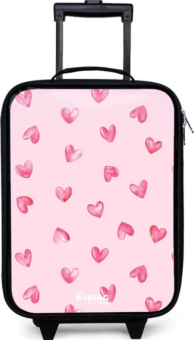 NoBoringSuitcases.com® - Kinderkoffer jongen - Kindertrolley meisje - Roze hartjes - Koffer kind lichtgewicht - Reiskoffer trolley voor kinderen - Koffertje met lichtgevende wieltjes - Rolkoffer zwart