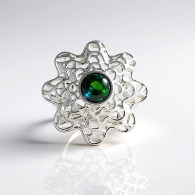 Cavill - 925 Sterling Zilver Ring - 0,81ct Ethiopische Mezezo Opaal - Rhodium Gerhodineerd - Elegante Bloem Filigraan - Ronde Cabochon Edelsteen