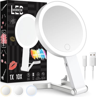 Make-up spiegel met verlichting en vergroting - Draagbare 10X/1X spiegel met 3 lichtmodi