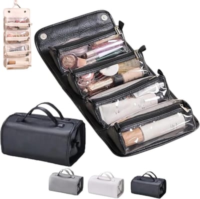 Waterdichte leren make-uptas – 4-in-1 afneembare reistoilettas – Inclusief 4 uitneembare transparante etuis – Multifunctionele organizer met meerdere vakken (oprolbaar en ophangbaar) – Zwart
