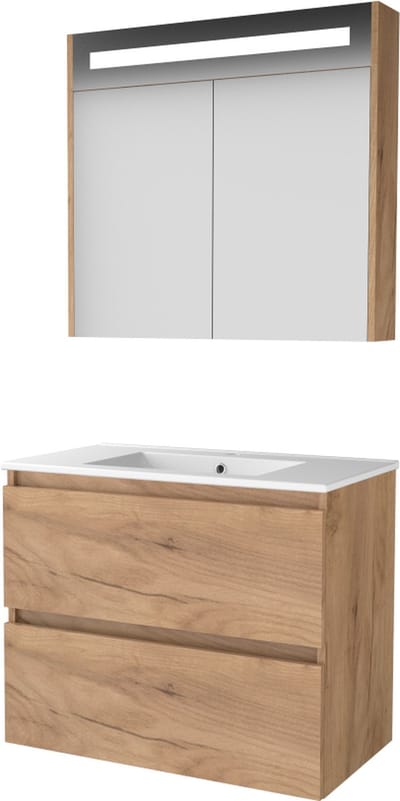 Basic Premium 46 badmeubelset met spiegelkast met geïntegreerde LED verlichting, greeploze wastafelonderkast met 2 lades en porseleinen wastafel met 1