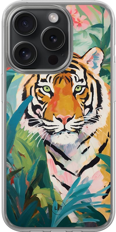 Hoesje geschikt voor iPhone 15 Pro - Tijger in de jungle - 2in1 backcover - Print / Illustratie - Multi - Leuke Telefoonhoesjes
