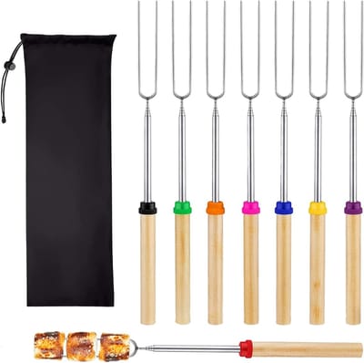 Telescopische spiesen voor grillen - 8 roestvrijstalen uittrekbare braadstokken voor marshmallows, hotdogs en brood, perfect voor camping en barbecue