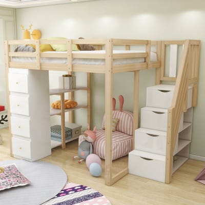 Sweiko Hoogslaper - 140 x 200 cm - 4 laden - Planken - Kinderbed - MDF - Wit + Naturel