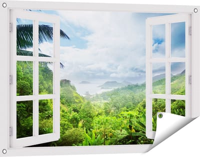 Gards Tuinposter Doorkijk Jungle Uitzicht op de Seychellen - 90x60 cm - Tuindoek - Tuindecoratie - Wanddecoratie buiten - Tuinschilderij