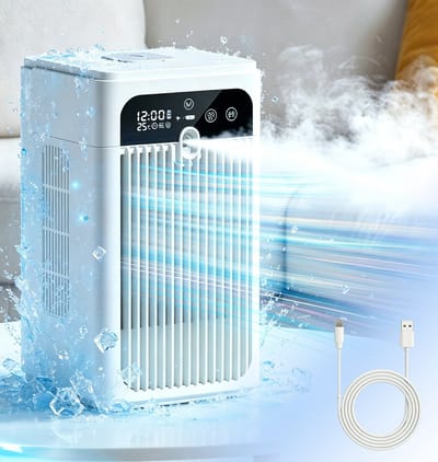 Draagbare Luchtkoeler met Verneveling - 3-in-1 Mini Air Cooler, Ventilator en Luchtbevochtiger - Stil 30 dB - Oplaadbaar - 370 ml Watertank