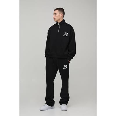 Oversized Boxy B 1/4 ritssluiting gestapeld trainingspak | Black | Size Small