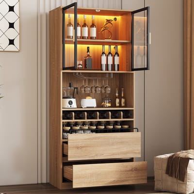 Vitrinekast - 180 cm Hoog - Hoge Kast met Ledverlichting - Met Glazen Deuren - Hout - Natuur