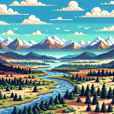 Pixel art landschap schilderij | Digitale meesterwerk: een betoverend landschap in pixel kunst | Kunst - 100x100 centimeter op Canvas | Foto op Canvas