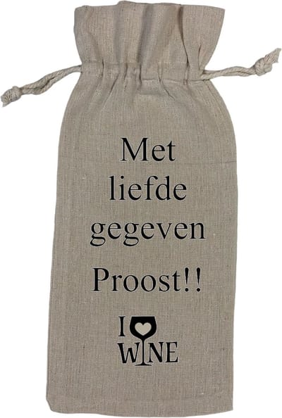 Wijnzak "Met liefde gegeven. Proost!! I love wine" Grappig Cadeau Cadeau