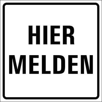Hier melden sticker, wit zwart 150 x 150 mm