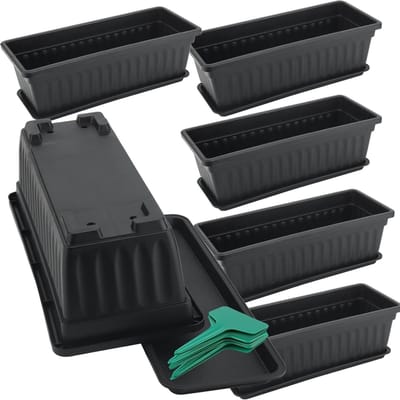 Bloembak met bloemen - 6 stuks - 43 cm rechthoekige kunststof plantenbak met trays en 30 groene etiketten - vensterbank terras tuin woondecoratie veranda zwart