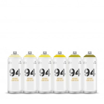 MTN94 spuitbussen pakket - 6x Gele tinten - Lage druk, matte afwerking graffiti spuitverf - 400ml