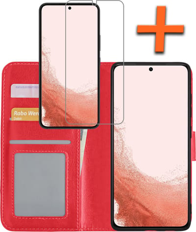 Hoes - Met Screenprotector - Geschikt voor Samsung Galaxy S22 Ultra - Luxe Pasjeshouder - Bookcase Portemonee - Flip Case - Kunstleer Book Case - Flipcase - Book Cover - Walletcase - PortemonneeHoes - Rood
