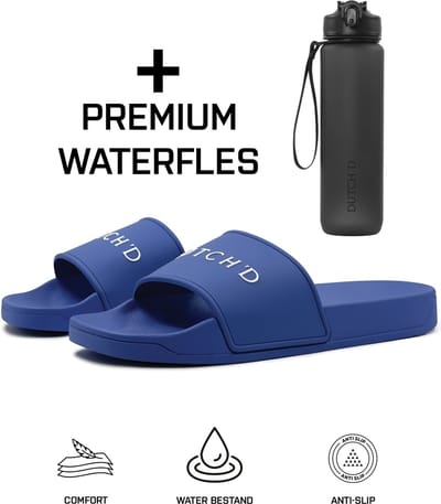 Dutch'D ® Rubberen slipper + Handige Waterfles! - Blauw - Maat 39/40 - anti slip - Comfortabel - Dubbele maten - unisex - Heren Badslipper - Slippers - Badslippers