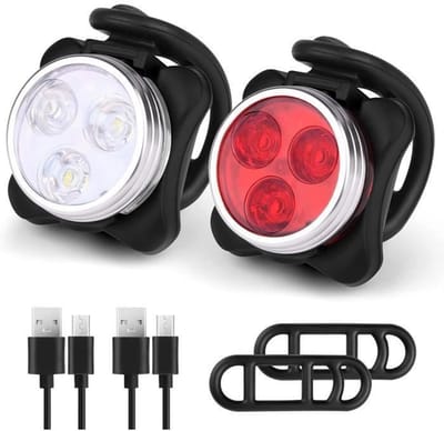 Oplaadbare fietsverlichting voor en achter, 4 helderheidsstanden, USB-voeding, schokbestendig, waterdicht, geschikt voor mountainbikes, racefietsen en kinderwagens.