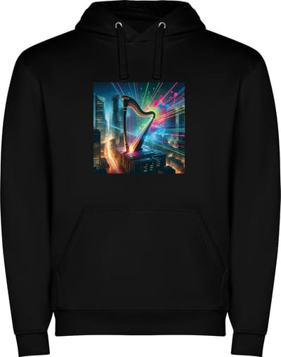 Zwarte unisex hoodie met “ Kleurrijke Harp – Skyline – Muziekinstrument “ Print Full Color Color merk Roly maat S