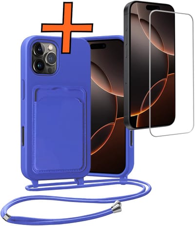 Hoesje Geschikt voor iPhone 16 Pro Hoesje Met Telefoonketting Pasjeshouder Case Met Screenprotector Koord - Hoesje Geschikt voor iPhone 16 Pro Hoes Met Kaarthouder - Felblauw