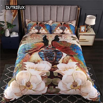 Luxe Gouden Dekbedovertrek Pauw Dekbedovertrek Pauw met Bloemen Beddengoedset voor Volwassenen Meisjes Dieren Botanische Sprei EU single(135x200cm)