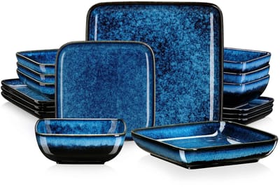 16-delige Serviesset – Blauwe Vierkante Borden & Schalen – Keramisch Servies voor 4 Personen – Complete Dinerset – Oven & Magnetronbestendig - Serviesset 4 persoons