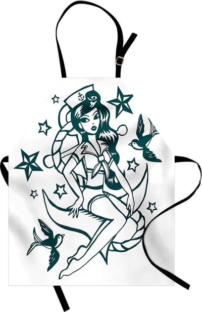 ABAKUHAUS Anker-keukenschort, Pin-up-meisje in nautisch zeemansoutfit, omgeven door zwaluwen en sterren, met de hand getekend, kleurvast, in hoogte verstelbaar, wasbaar, heldere digitale afdruk, wit en teal
