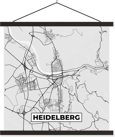 Posterhanger incl. Poster 60x60 cm - Schoolplaat - Plattegrond - Duitsland - Heidelberg - Kaart - Stadskaart - Textielposter - Zwarte latten - Stadskaart