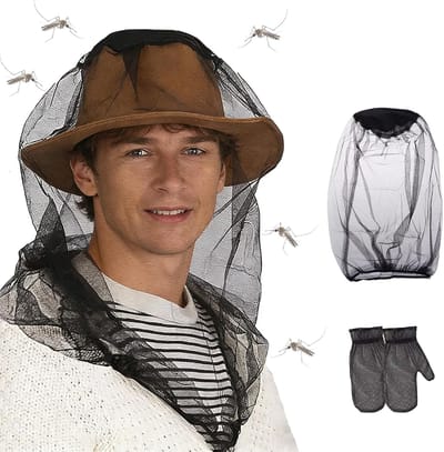 2 x muggennetafdekking + een paar handschoenen, muggenbescherming, hoofdbedekking, muggennet, muggenhoed voor insecten, tuinieren, wandelen, kamperen
