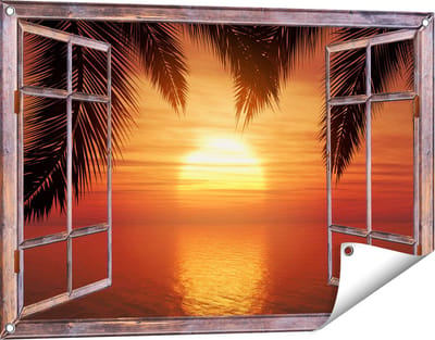 Gards Tuinposter Doorkijk Zonsondergang op het Strand met Palmbomen - 90x60 cm - Tuindoek - Tuindecoratie - Wanddecoratie buiten - Tuinschilderij