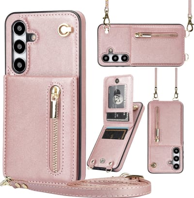 Stravo Samsung Galaxy S24 FE Portemonnee Hoesje met Rits, Kaarthouder en Crossbody Lanyard Tas [Afneembare Schouderriem] met Kickstand - Rosé goud