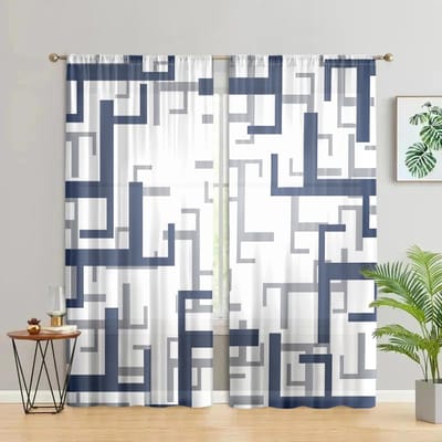 2 stuks, blauw wit grijs ruit geometrische gordijnen - geschikt voor woonkamer, slaapkamer en huisdecoratie - voeg decoratief plezier toe. W150CM H166CM&Rod pocket white