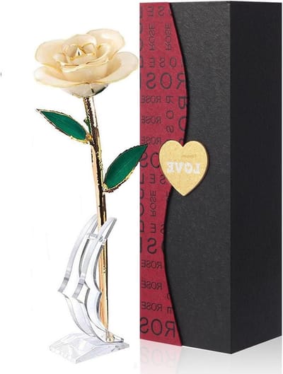 Gouden Witte Roos - Eeuwige Bloem - Decoratie Cadeau - Gedompeld in 24K Goud - Lange Steel - Wit