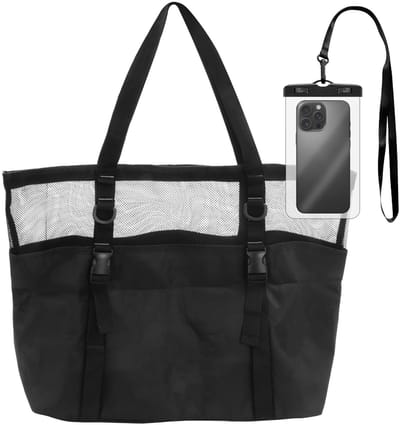 Dailygoody - Strandtas - Waterdichte Telefoonhouder - Stevige Zwarte Tote Bag - Perfect voor Zwemmen - Ruim en Lichtgewicht - Ideaal voor Vakantie