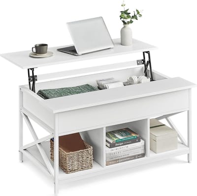 FurnStar - Salontafel - In Hoogte Verstelbare Woonkamertafel - Koffietafel - Open En Verborgen Opbergruimte - 60 X 100 X (48-62) Cm - Sneeuw Wit