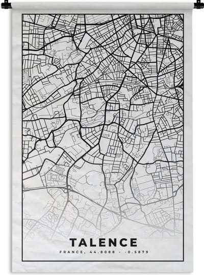 Wandkleed - Wanddoek - Talence - Kaart - Plattegrond - Frankrijk - Stadskaart - Zwart wit - 120x180 cm - Wandtapijt