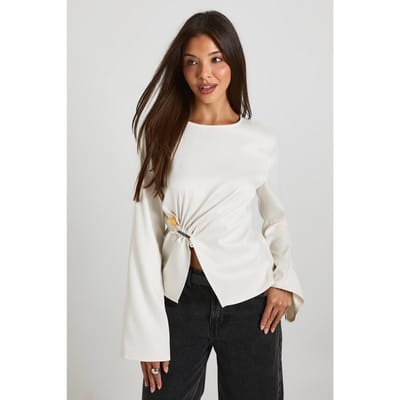boohoo Dames Blouse met uitlopende mouwen en gouden afwerkingsdetails | Ecru | Maat: 8