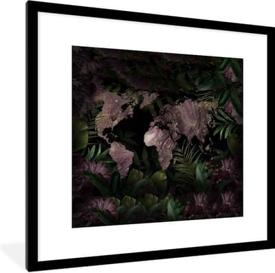 Poster in lijst - Fotolijst 40x40 cm - Posters - Wereldkaart - Paars - Goud - Posterlijst zwart - Decoratie - Wanddecoratie woonkamer - Muurdecoratie slaapkamer