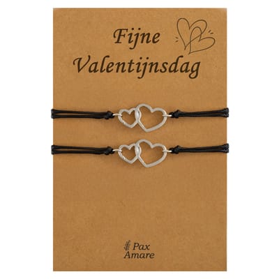 Koppel Armbandjes voor 2 "Fijne Valentijnsdag" - Verbonden Hartjes - Vriendschapsarmbandjes met Persoonlijk Cadeau Kaartje - Zilverkleurig - Elastisch Verstelbaar - Pax Amare