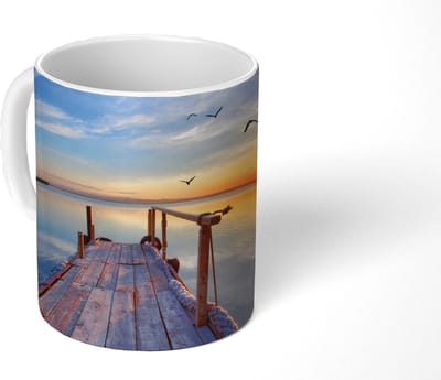 Mok - Koffiemok - Water - Steiger - Vogels - Zonsondergang - Horizon - Mokken - 350 ML - Beker - Koffiemokken - Theemok