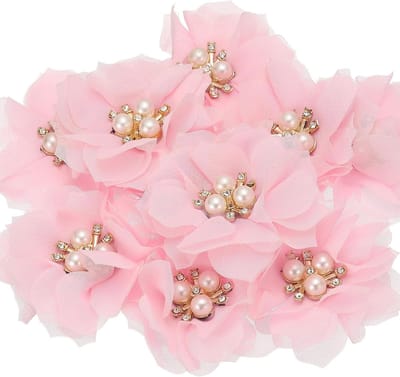 Chiffon Bloemen - Stoffen Applicaties - Ambachtelijke Decoratie - Met Parel en Strass - 60mm Diameter - Roze