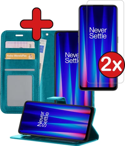 Hoesje - Met 2x Screenprotector - Geschikt voor OnePlus Nord CE 2 - Luxe Pasjeshouder - Flip Case - Bookcase Portemonee - Kunstleer Book Case - Flipcase Hoes - Book Cover - Walletcase - Portemonneehoes - Telefoonhoes - Turquoise