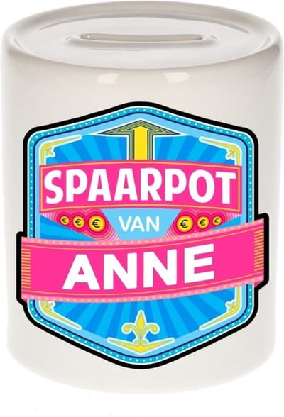 Bellatio Decorations Kinder spaarpot met naam - Anne - keramiek - met dop - wit - Sparen - Spaargeld van Anne