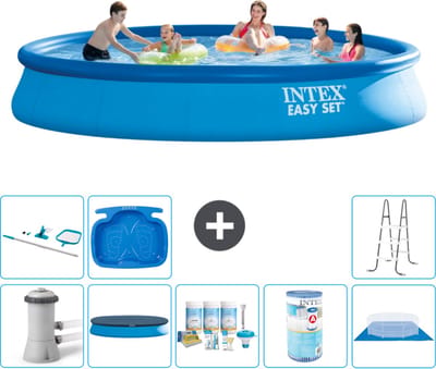 Intex Rond Opblaasbaar Easy Set Zwembad - 457 x 84 cm - Blauw - Inclusief Pomp - Afdekzeil - Onderhoudspakket - Filter - Grondzeil - Schoonmaakset - Ladder - Voetenbad - 9-delig