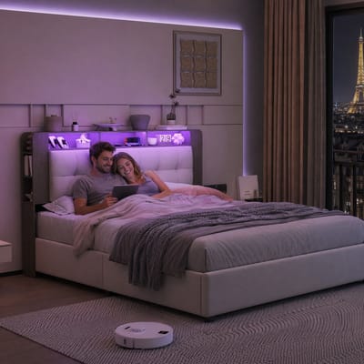 Opbergbed 160x200 cm beige fluweel met opberghoofdbord, draadloze oplader, LED-verlichting en hydraulische opbergruimte