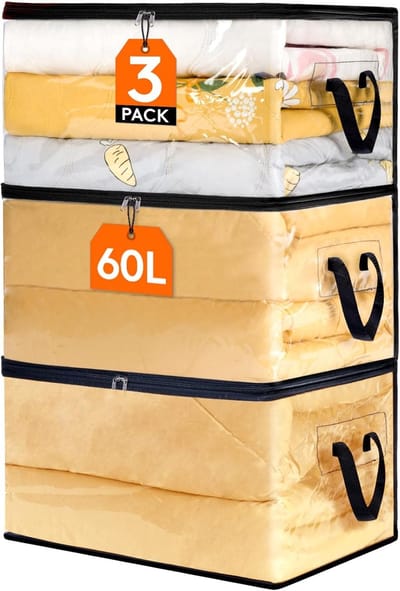 MeubelsvanJoep 3 stuks opbergdozen 55 x 35 x 31.5 CM, 60 Liter, opbergdoos met deksel, versterkte handgreep, kleding, opbergtas, kledingdoos, verhuisdozen voor kleding, jurken, beddengoed, transparant