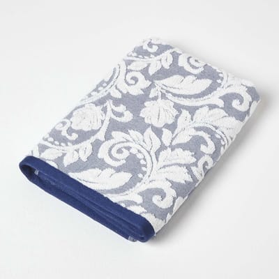 Homescapes Turks katoenen damastpatroon donkerblauwe badhanddoek