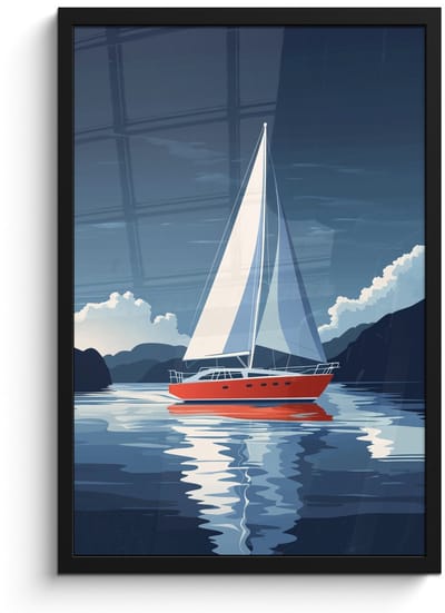 Poster in lijst - Fotolijst 40x60 cm - Posters - Zeilboot - Donkere bergen - Stilte - Posterlijst zwart - Decoratie - Wanddecoratie woonkamer - Muurdecoratie slaapkamer